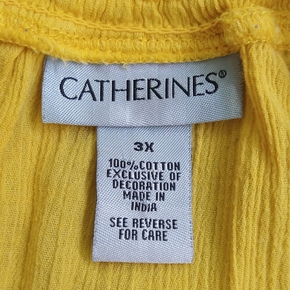Catherines 100% Cotton Yellow Embroidered Tassel Crinkle Gauze Blouse Boho - Picture 7 of 7